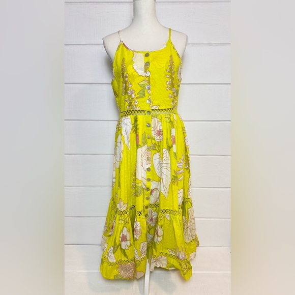 Farm Rio NWT Neon Garden Cotton Midi Dress Floral Summer Yellow Sz XS $235 - Picture 6 of 15
